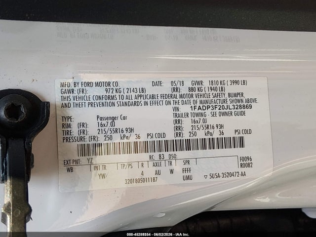 45289354 :رقم المزاد ، 1FADP3F20JL328869 vin ، 2018 Ford Focus Se مزاد بيع