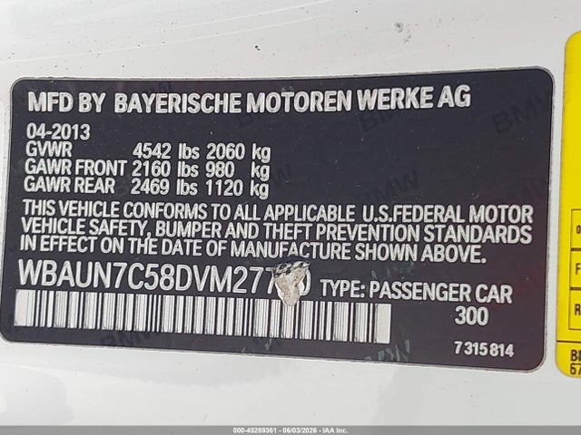 45289361 :رقم المزاد ، WBAUN7C58DVM27760 vin ، 2013 Bmw 135i مزاد بيع