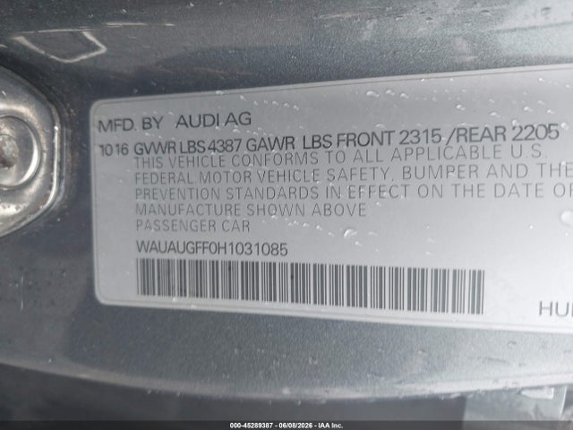 2017 Audi A3 2.0t Premium მანქანა იყიდება აუქციონზე, vin: WAUAUGFF0H1031085, აუქციონის ნომერი: 45289387