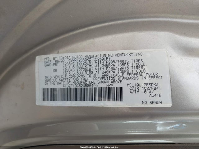 Aukcja sprzedaży 2002 Toyota Sienna Ce, vin: 4T3ZF19C62U506455, numer aukcji: 45289393