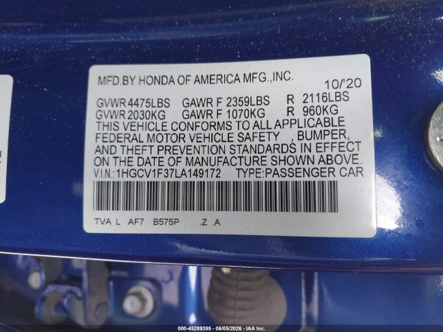 45289395 :رقم المزاد ، 1HGCV1F37LA149172 vin ، 2020 Honda Accord Sport مزاد بيع