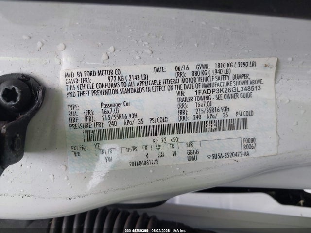 2016 Ford Focus Se მანქანა იყიდება აუქციონზე, vin: 1FADP3K28GL348513, აუქციონის ნომერი: 45289399