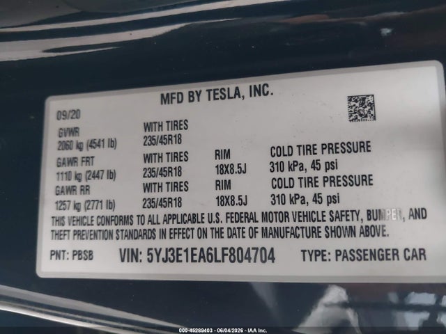 Продажа на аукционе авто 2020 Tesla Model 3 Standard Range Plus Rear-wheel Drive/standard Range Rear-wheel Drive, vin: 5YJ3E1EA6LF804704, номер лота: 45289403