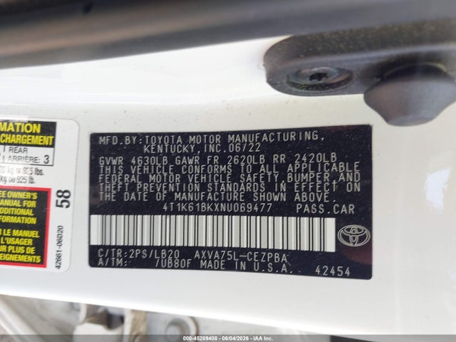 Продаж на аукціоні авто 2022 Toyota Camry Xse Awd, vin: 4T1K61BKXNU069477, номер лоту: 45289408