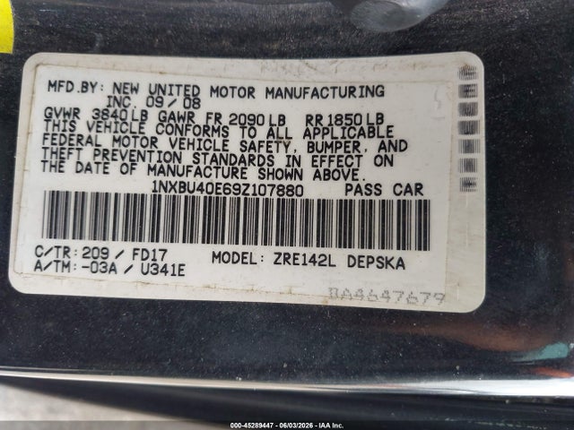 Aukcja sprzedaży 2009 Toyota Corolla S, vin: 1NXBU40E69Z107880, numer aukcji: 45289447