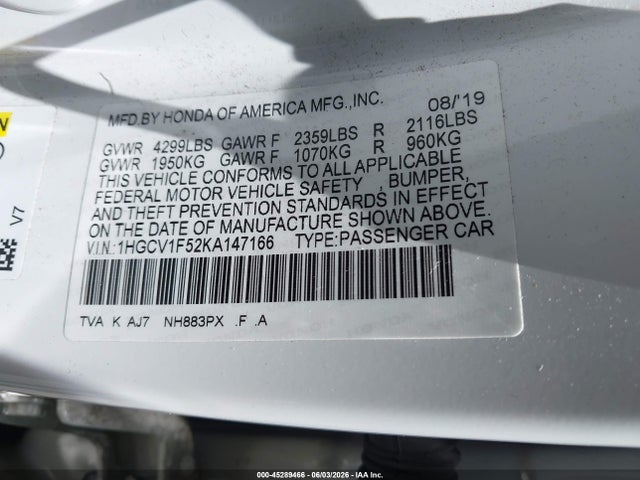 2019 Honda Accord Ex-l 1.5t მანქანა იყიდება აუქციონზე, vin: 1HGCV1F52KA147166, აუქციონის ნომერი: 45289466