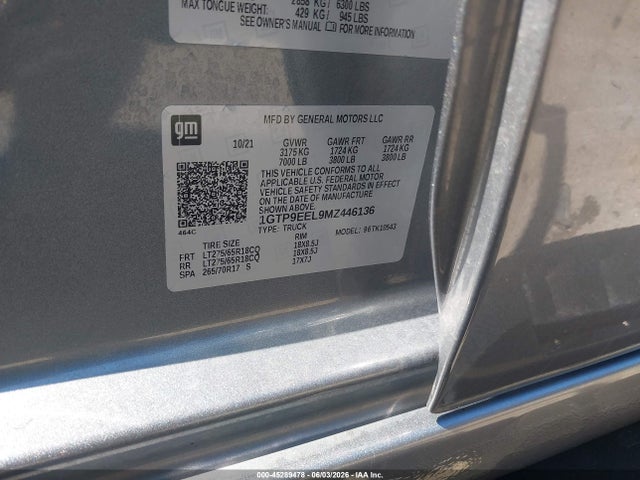 Aukcja sprzedaży 2021 Gmc Sierra 1500 4wd  Short Box At4, vin: 1GTP9EEL9MZ446136, numer aukcji: 45289478