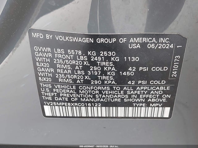 Auction sale of the 2024 Volkswagen Id.4 S, vin: 1V25MPE8XRC016122, lot number: 45289487