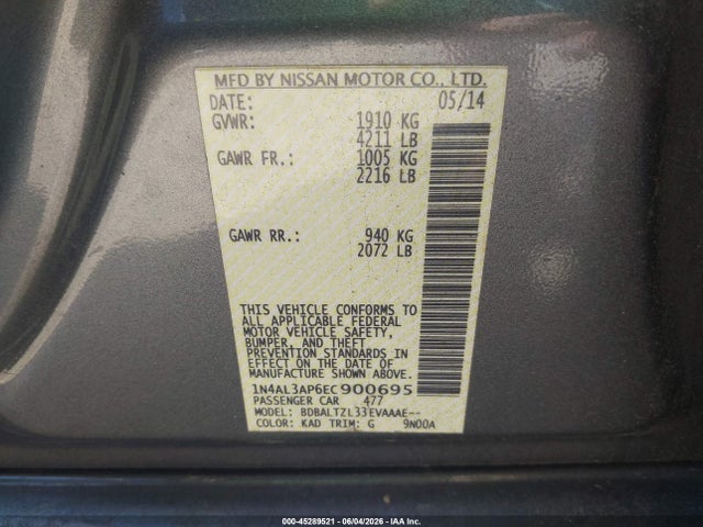 Продажа на аукционе авто 2014 Nissan Altima 2.5 Sv, vin: 1N4AL3AP6EC900695, номер лота: 45289521