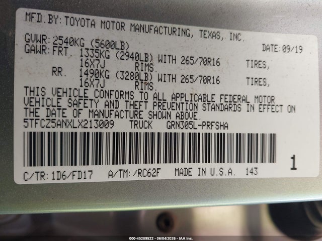 Продаж на аукціоні авто 2020 Toyota Tacoma Trd Off-road, vin: 5TFCZ5ANXLX213009, номер лоту: 45289522