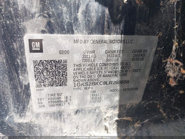 45289523 :رقم المزاد ، 1GKS2BKC8LR268658 vin ، 2020 Gmc Yukon 4wd Slt مزاد بيع