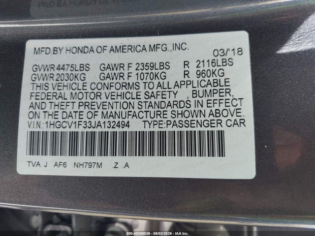 Продаж на аукціоні авто 2018 Honda Accord Sport, vin: 1HGCV1F33JA132494, номер лоту: 45289536