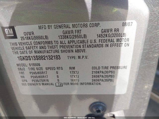 Aukcja sprzedaży 2008 Gmc Envoy Sle, vin: 1GKDS13S882132183, numer aukcji: 45289540