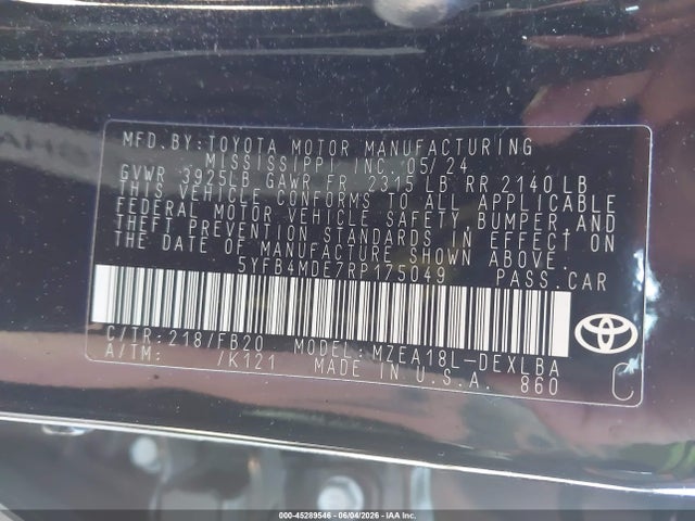 45289546 :رقم المزاد ، 5YFB4MDE7RP175049 vin ، 2024 Toyota Corolla Le مزاد بيع