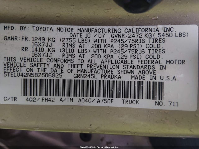 2008 Toyota Tacoma Base V6 მანქანა იყიდება აუქციონზე, vin: 5TELU42N58Z506825, აუქციონის ნომერი: 45289556