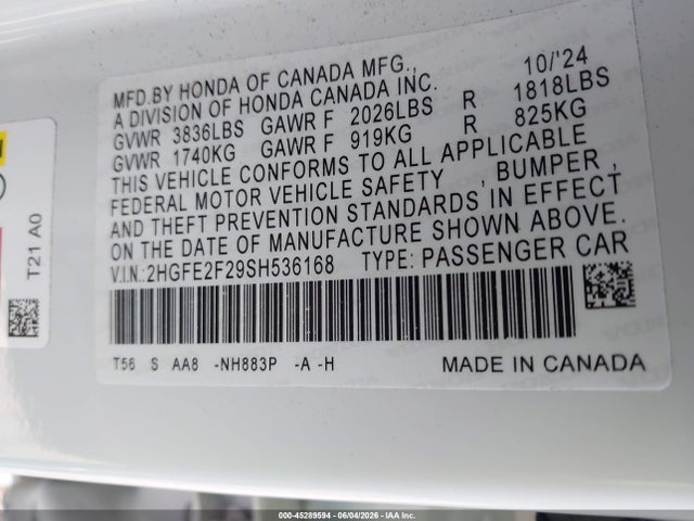 Honda Civic Lx 2025 2HGFE2F29SH536168 Image 9
