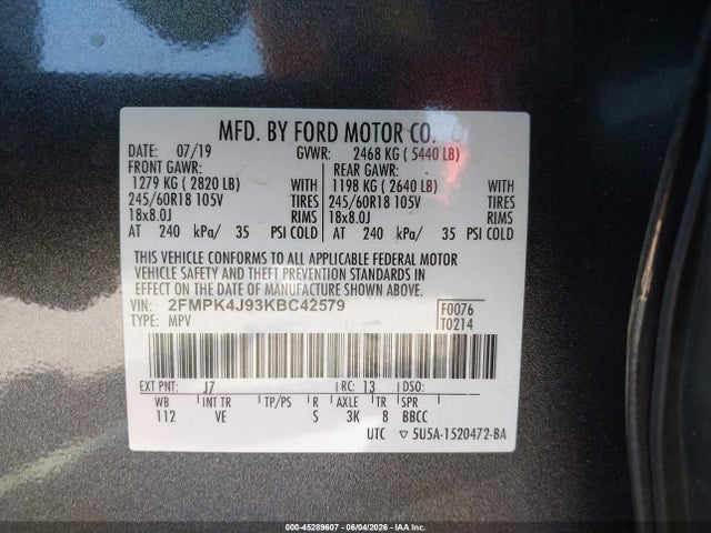 Продаж на аукціоні авто 2019 Ford Edge Sel, vin: 2FMPK4J93KBC42579, номер лоту: 45289607