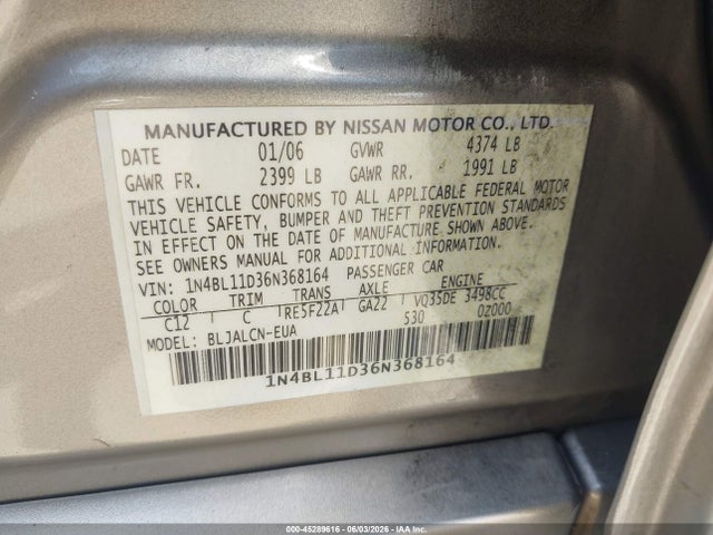 45289616 :رقم المزاد ، 1N4BL11D36N368164 vin ، 2006 Nissan Altima 3.5 Se مزاد بيع