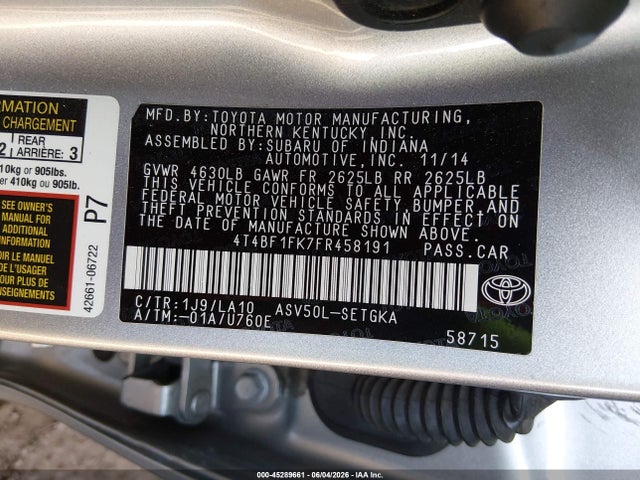4T4BF1FK7FR458191 Toyota CAMRY XLE