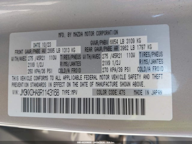 45289688 :رقم المزاد ، JM3KKDHA8R1143168 vin ، 2024 Mazda Cx-90 Phev Premium مزاد بيع