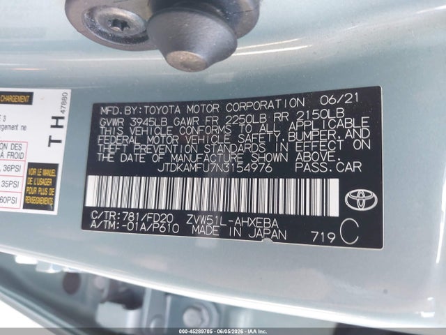 45289705 :رقم المزاد ، JTDKAMFU7N3154976 vin ، 2022 Toyota Prius Le مزاد بيع