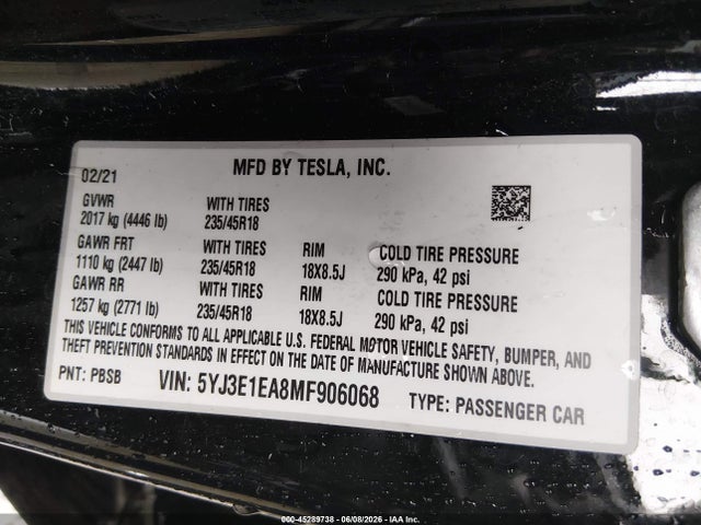 Tesla Model 3 Standard Range Plus Rear-wheel Drive 2021 5YJ3E1EA8MF906068 Image 9