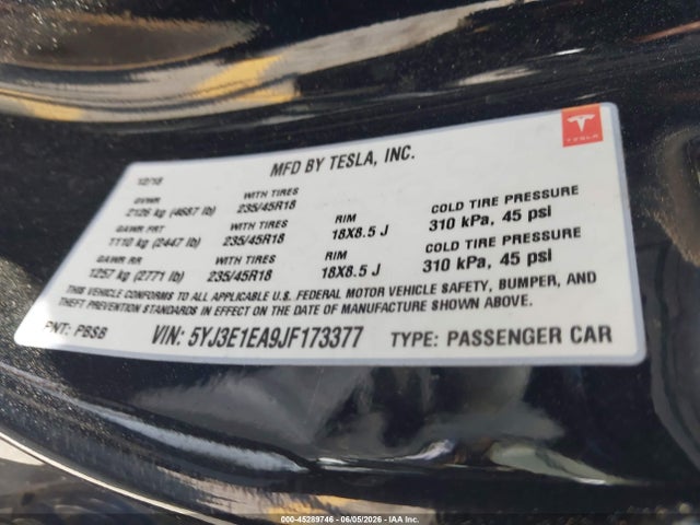 Продажа на аукционе авто 2018 Tesla Model 3 Long Range/mid Range, vin: 5YJ3E1EA9JF173377, номер лота: 45289746