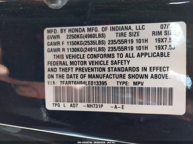 Auction sale of the 2020 Honda Cr-v Hybrid Touring, vin: 7FART6H94LE013395, lot number: 45289756