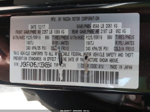 Продажа на аукционе авто 2018 Mazda Cx-5 Grand Touring, vin: JM3KFADM5J1334554, номер лота: 45289777