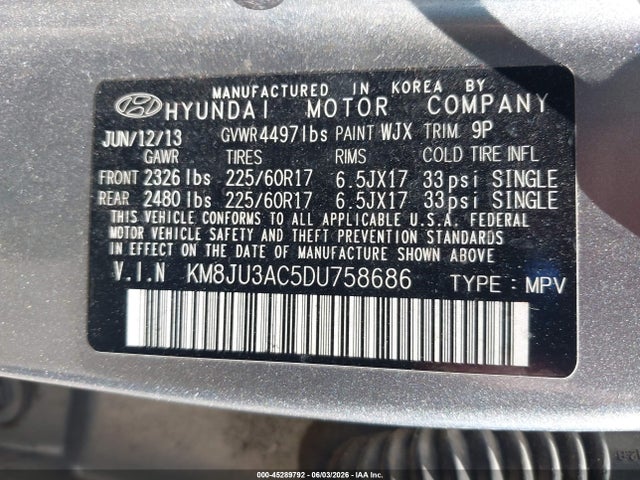 Aukcja sprzedaży 2013 Hyundai Tucson Gls, vin: KM8JU3AC5DU758686, numer aukcji: 45289792
