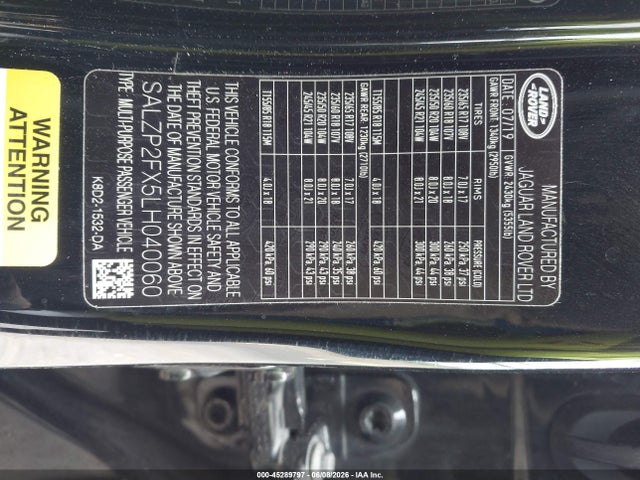 Продаж на аукціоні авто 2020 Land Rover Range Rover Evoque Se, vin: SALZP2FX5LH040060, номер лоту: 45289797