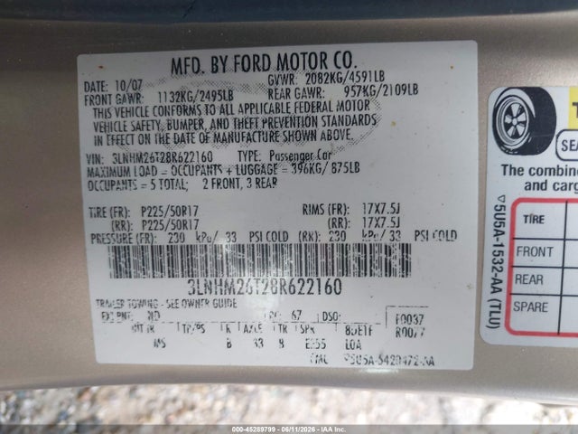 Aukcja sprzedaży 2008 Lincoln Mkz, vin: 3LNHM26T28R622160, numer aukcji: 45289799