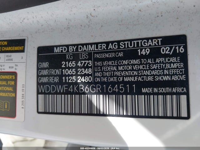 45289806 :رقم المزاد ، WDDWF4KB6GR164511 vin ، 2016 Mercedes-benz C 300 4matic مزاد بيع