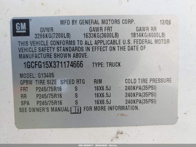 2007 Chevrolet Express Work Van მანქანა იყიდება აუქციონზე, vin: 1GCFG15X371174666, აუქციონის ნომერი: 45289817