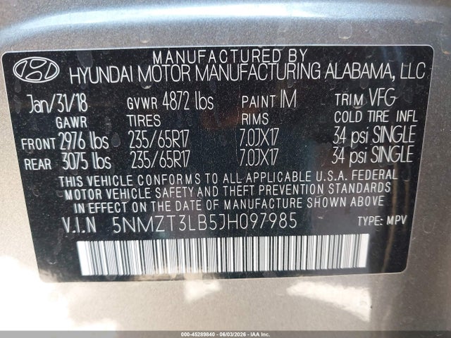 Aukcja sprzedaży 2018 Hyundai Santa Fe Sport 2.4l, vin: 5NMZT3LB5JH097985, numer aukcji: 45289840