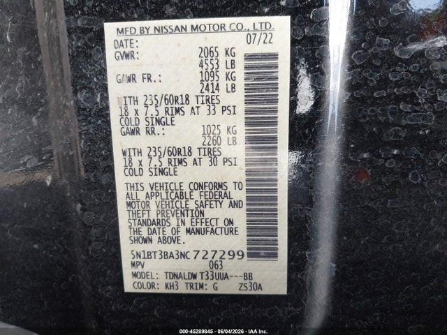 5N1BT3BA3NC727299 Nissan Rogue Sv Fwd