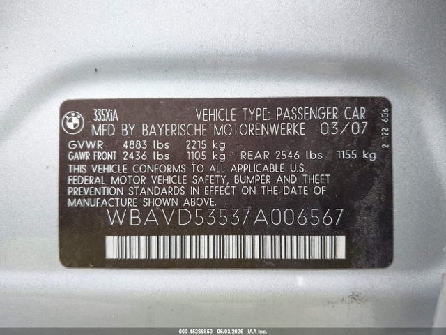 Aukcja sprzedaży 2007 Bmw 335xi, vin: WBAVD53537A006567, numer aukcji: 45289850