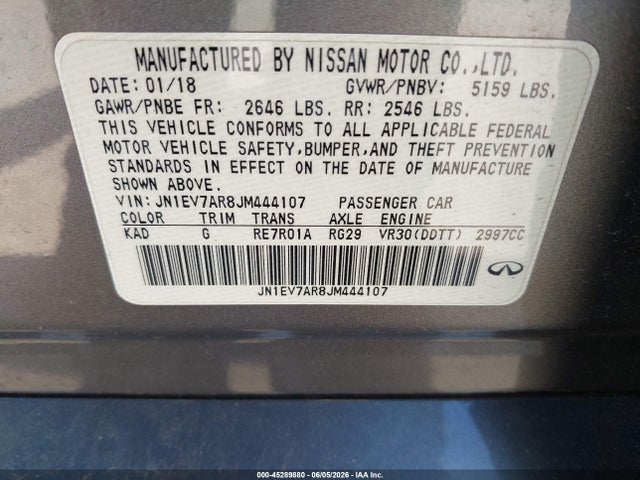 45289880 :رقم المزاد ، JN1EV7AR8JM444107 vin ، 2018 Infiniti Q50 3.0t Sport مزاد بيع