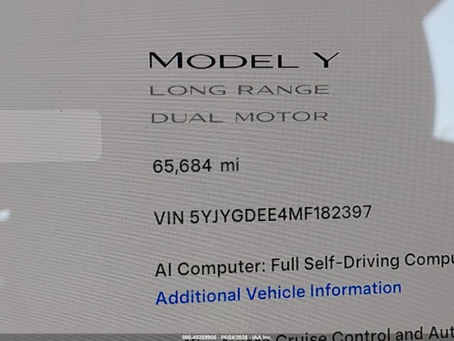 Aukcja sprzedaży 2021 Tesla Model Y Long Range Dual Motor All-wheel Drive, vin: 5YJYGDEE4MF182397, numer aukcji: 45289900