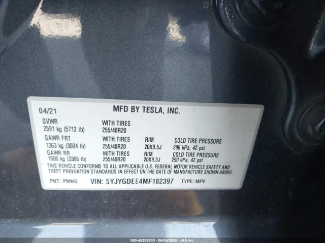 Aukcja sprzedaży 2021 Tesla Model Y Long Range Dual Motor All-wheel Drive, vin: 5YJYGDEE4MF182397, numer aukcji: 45289900