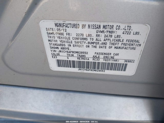 Продаж на аукціоні авто 2012 Infiniti G37 Journey, vin: JN1CV6AP8CM629552, номер лоту: 45289920