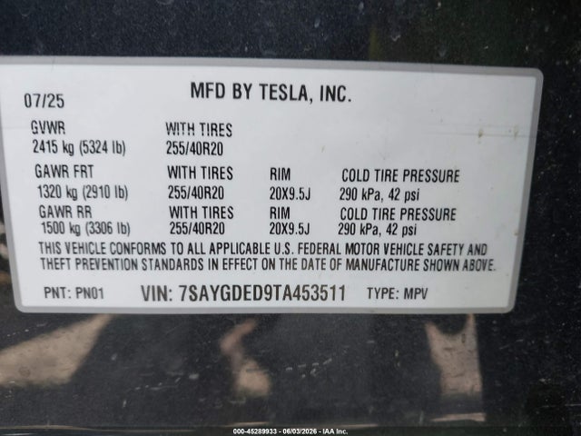 Aukcja sprzedaży 2026 Tesla Model Y Premium Rear-wheel Drive/rear-wheel Drive, vin: 7SAYGDED9TA453511, numer aukcji: 45289933