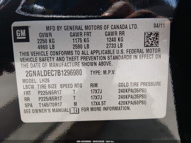 Продажа на аукционе авто 2011 Chevrolet Equinox 1lt, vin: 2GNALDEC7B1296980, номер лота: 45289960