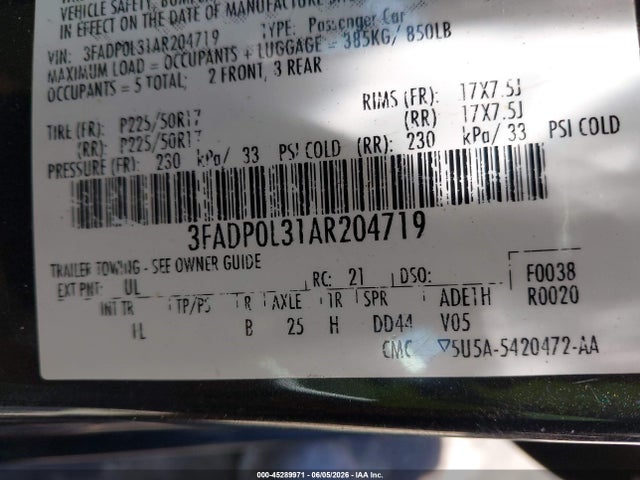 2010 Ford Fusion Hybrid მანქანა იყიდება აუქციონზე, vin: 3FADP0L31AR204719, აუქციონის ნომერი: 45289971