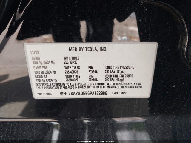 Продаж на аукціоні авто 2023 Tesla Model Y Awd/long Range Dual Motor All-wheel Drive, vin: 7SAYGDEE6PA182986, номер лоту: 45289994