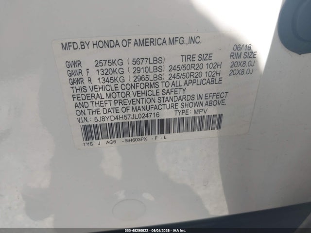 45290022 :رقم المزاد ، 5J8YD4H57JL024716 vin ، 2018 Acura Mdx مزاد بيع
