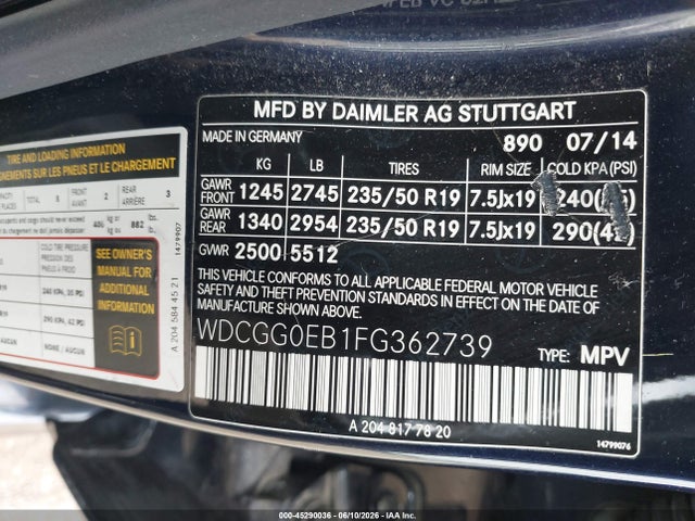 45290036 :رقم المزاد ، WDCGG0EB1FG362739 vin ، 2015 Mercedes-benz Glk 250 Bluetec 4matic مزاد بيع