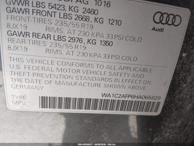 2017 Audi Q5 2.0t Premium მანქანა იყიდება აუქციონზე, vin: WA1C2AFP6HA065629, აუქციონის ნომერი: 45290037