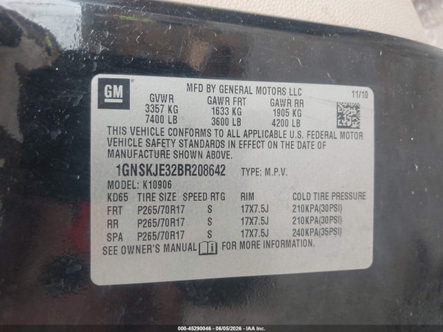 45290046 :رقم المزاد ، 1GNSKJE32BR208642 vin ، 2011 Chevrolet Suburban 1500 Lt1 مزاد بيع