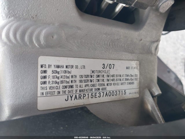 Продаж на аукціоні авто 2007 Yamaha Fjr1300, vin: JYARP15E37A003715, номер лоту: 45290049
